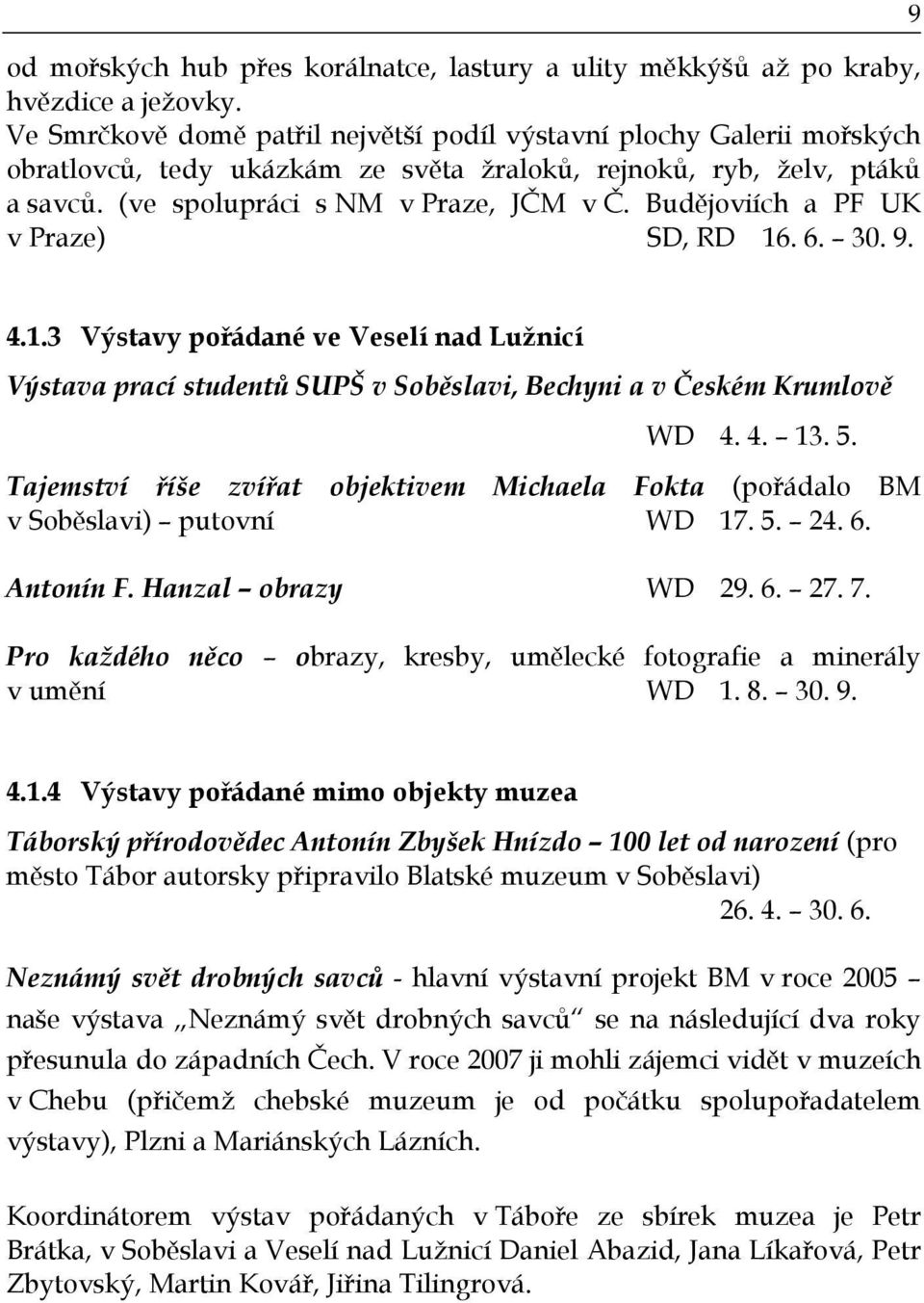 Budějoviích a PF UK v Praze) SD, RD 16. 6. 30. 9. 9 4.1.3 Výstavy pořádané ve Veselí nad Lužnicí Výstava prací studentů SUPŠ v Soběslavi, Bechyni a v Českém Krumlově WD 4. 4. 13. 5.