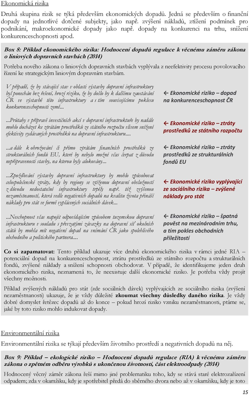 Box 8: Příklad ekonomického rizika: Hodnocení dopadů regulace k věcnému záměru zákona o liniových dopravních stavbách (2014) Potřeba nového zákona o liniových dopravních stavbách vyplývala z