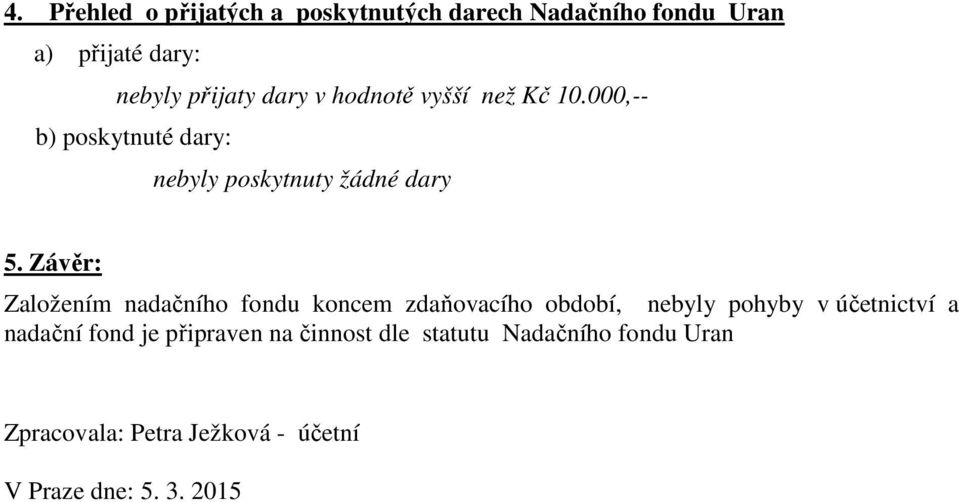 Závěr: Založením nadačního fondu koncem zdaňovacího období, nebyly pohyby v účetnictví a nadační fond