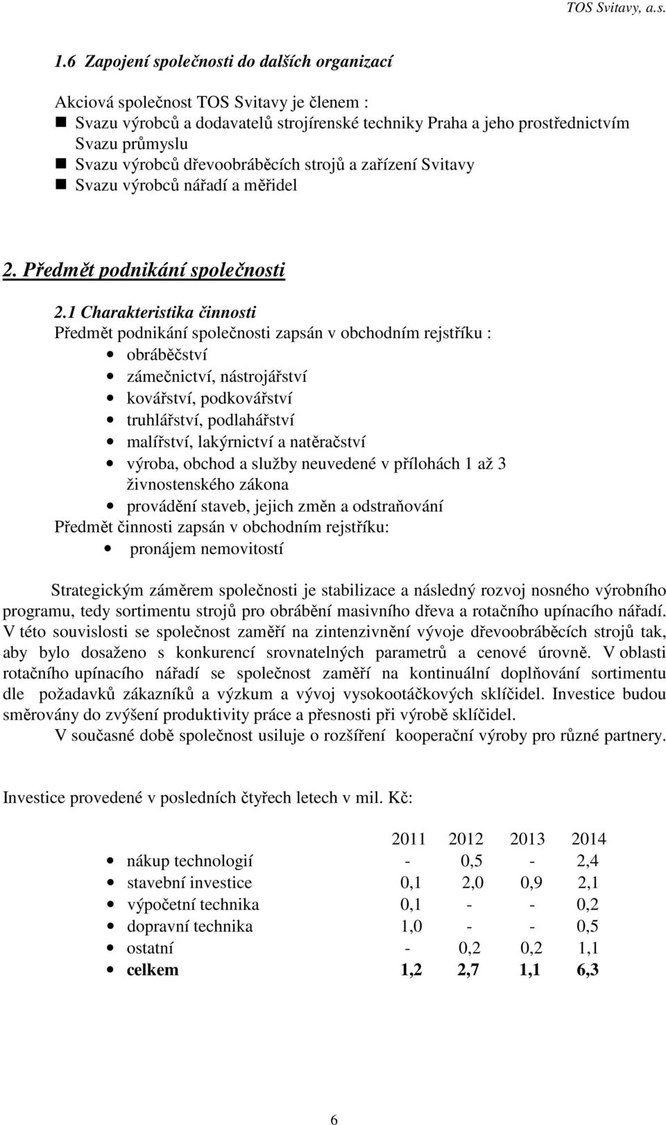 dřevoobráběcích strojů a zařízení Svitavy Svazu výrobců nářadí a měřidel 2. Předmět podnikání společnosti 2.