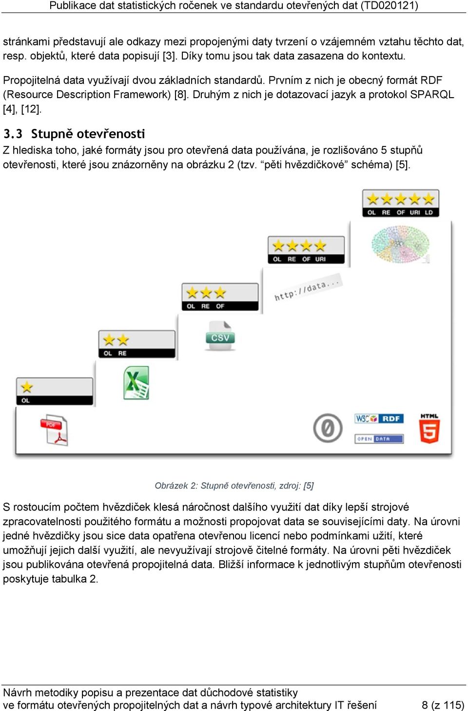 3 Stupně otevřenosti Z hlediska toho, jaké formáty jsou pro otevřená data používána, je rozlišováno 5 stupňů otevřenosti, které jsou znázorněny na obrázku 2 (tzv. pěti hvězdičkové schéma) [5].