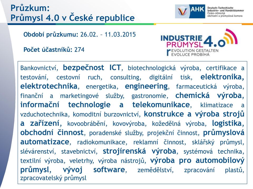 engineering, farmaceutická výroba, finanční a marketingové služby, gastronomie, chemická výroba, informační technologie a telekomunikace, klimatizace a vzduchotechnika, komoditní burzovnictví,