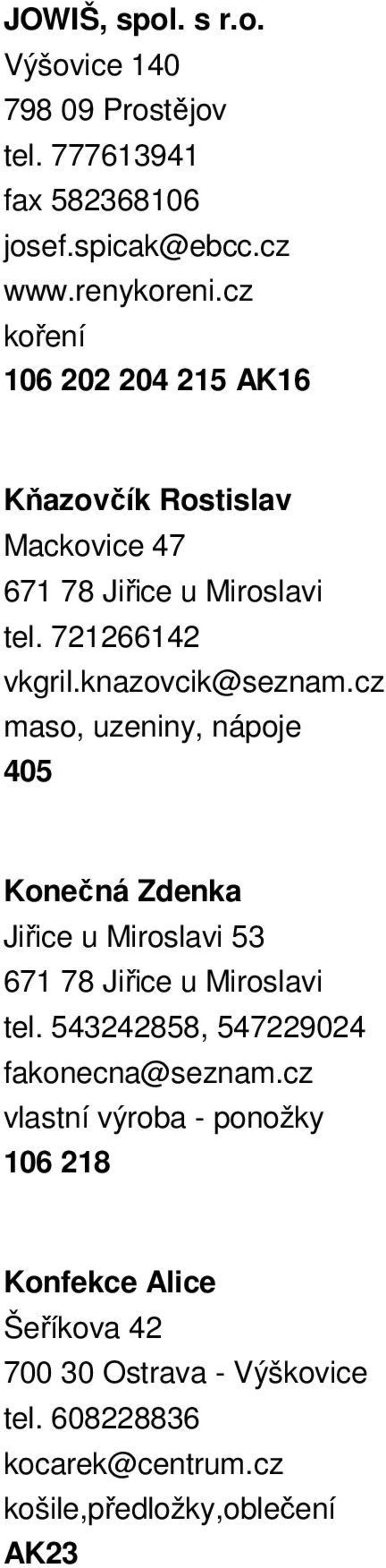 cz maso, uzeniny, nápoje 405 Konečná Zdenka Jiřice u Miroslavi 53 671 78 Jiřice u Miroslavi tel.