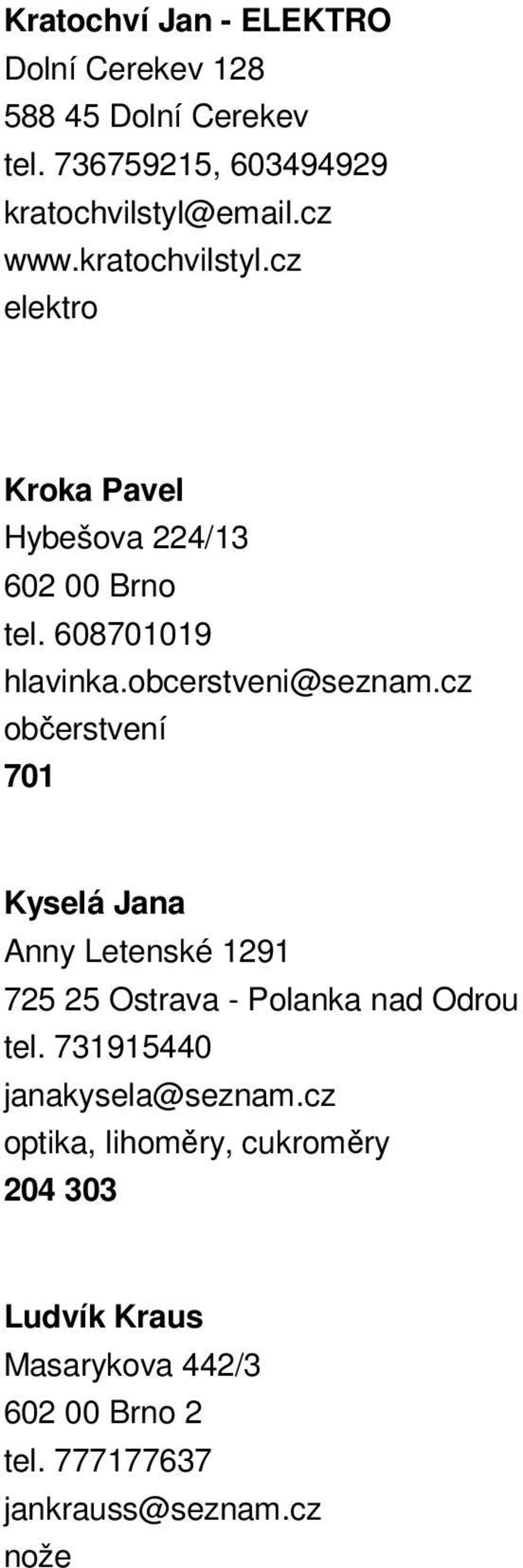 obcerstveni@seznam.cz 701 Kyselá Jana Anny Letenské 1291 725 25 Ostrava - Polanka nad Odrou tel.