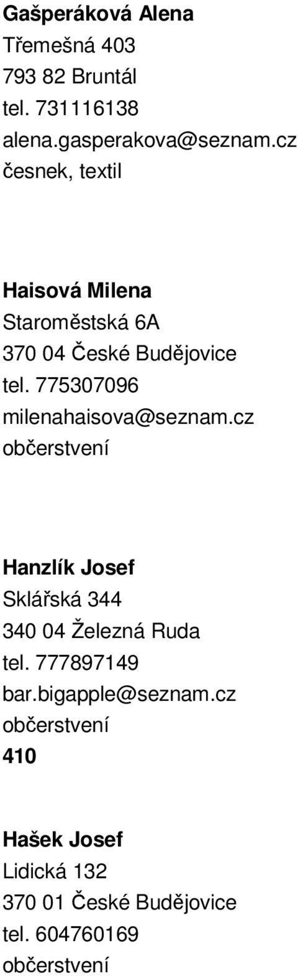 775307096 milenahaisova@seznam.cz Hanzlík Josef Sklářská 344 340 04 Železná Ruda tel.