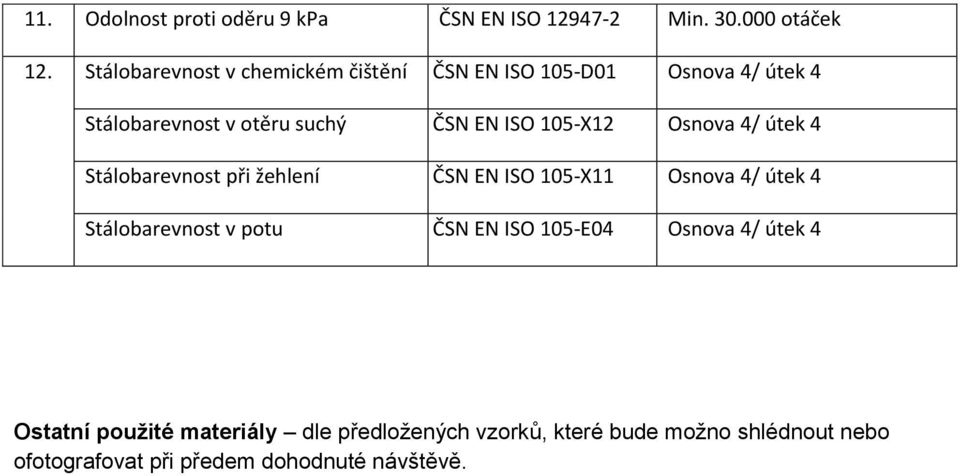 105-X12 Osnova 4/ útek 4 Stálobarevnost při žehlení ČSN EN ISO 105-X11 Osnova 4/ útek 4 Stálobarevnost v potu ČSN