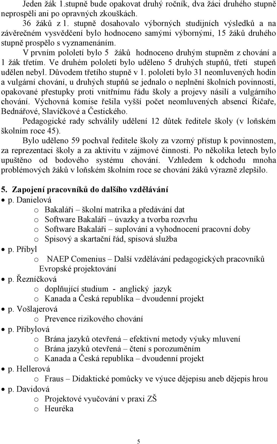 V prvním pololetí bylo 5 žáků hodnoceno druhým stupněm z chování a 1 žák třetím. Ve druhém pololetí bylo uděleno 5 druhých stupňů, třetí stupeň udělen nebyl. Důvodem třetího stupně v 1.