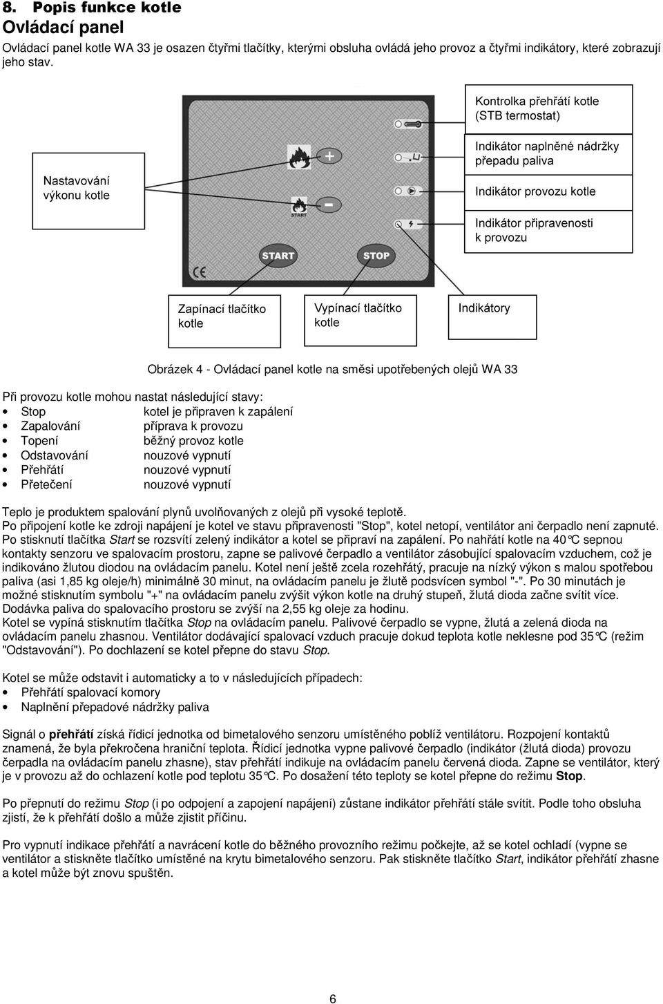 provoz kotle Odstavování nouzové vypnutí Přehřátí nouzové vypnutí Přetečení nouzové vypnutí Teplo je produktem spalování plynů uvolňovaných z olejů při vysoké teplotě.