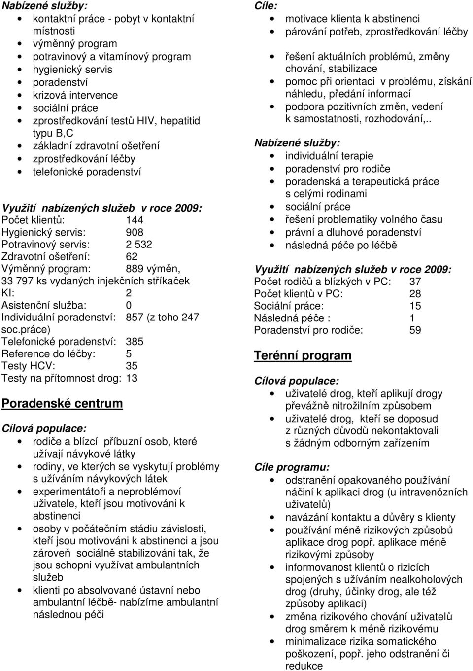 2 532 Zdravotní ošetření: 62 Výměnný program: 889 výměn, 33 797 ks vydaných injekčních stříkaček KI: 2 Asistenční služba: 0 Individuální poradenství: 857 (z toho 247 soc.