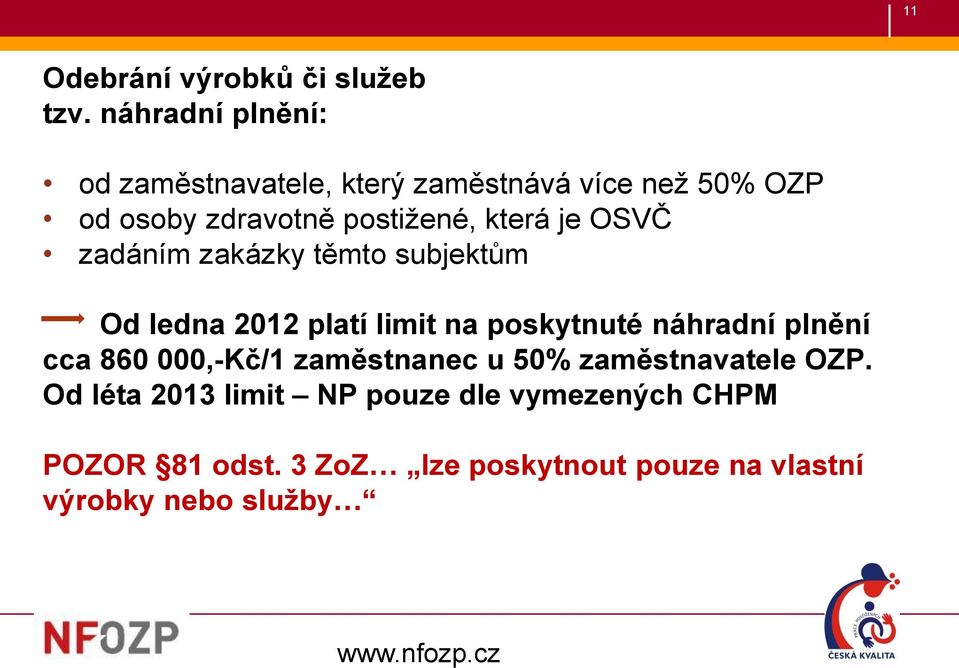 která je OSVČ zadáním zakázky těmto subjektům Od ledna 2012 platí limit na poskytnuté náhradní plnění