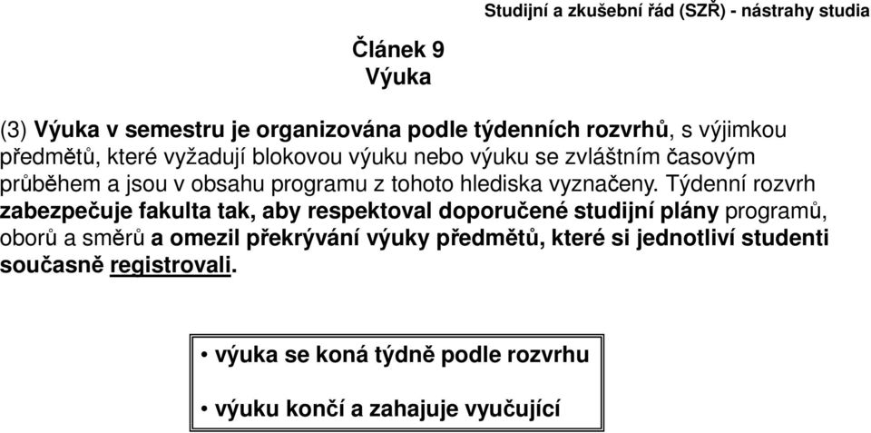 Týdenní rozvrh zabezpečuje fakulta tak, aby respektoval doporučené studijní plány programů, oborů a směrů a omezil