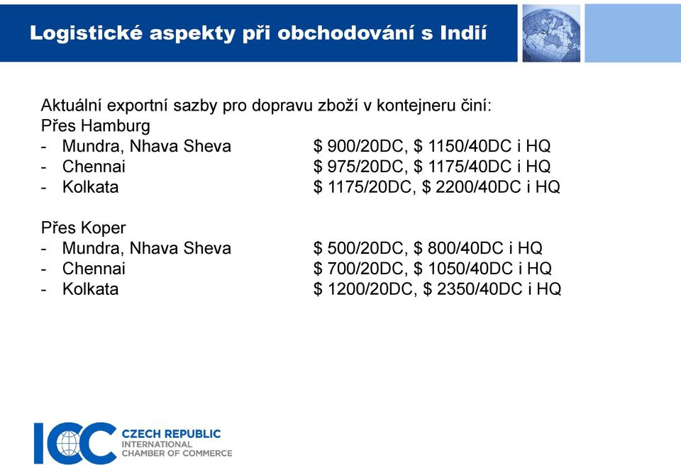 Kolkata $ 1175/20DC, $ 2200/40DC i HQ Přes Koper - Mundra, Nhava Sheva $ 500/20DC, $