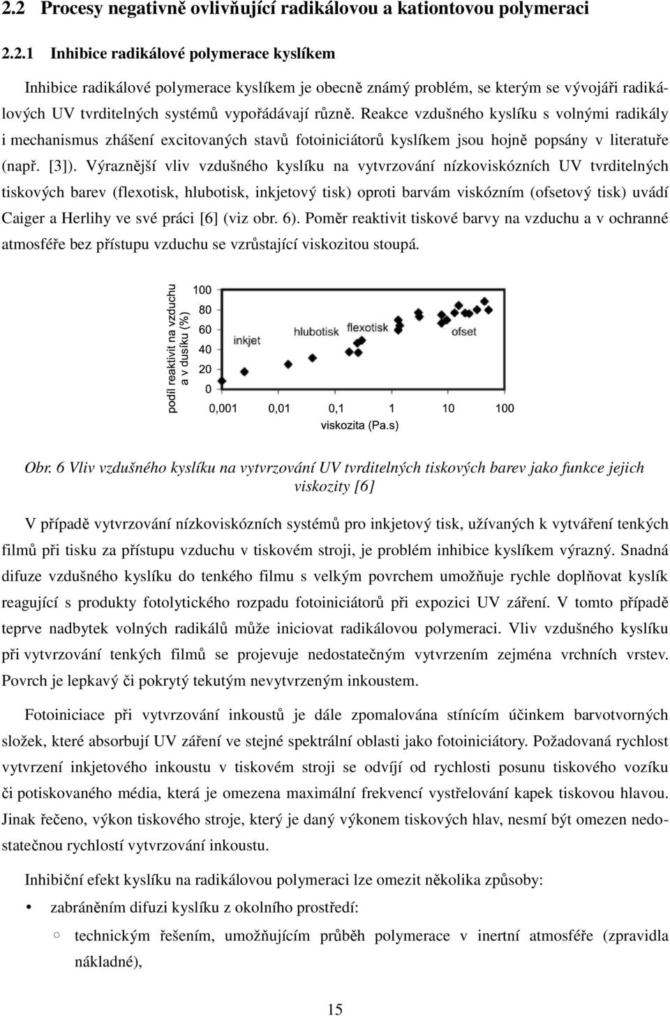 Výraznější vliv vzdušného kyslíku na vytvrzování nízkoviskózních UV tvrditelných tiskových barev (flexotisk, hlubotisk, inkjetový tisk) oproti barvám viskózním (ofsetový tisk) uvádí Caiger a Herlihy