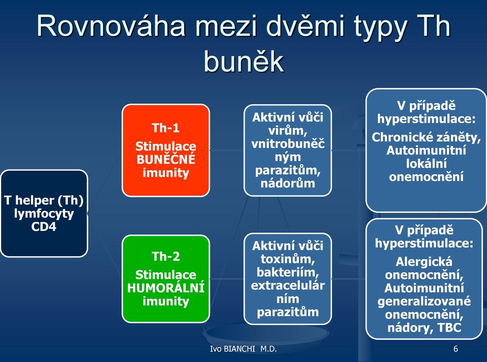 (Th) lymfocyty CD4 Th-2 Stimulace HUMORÁLNÍ imunity Aktivní vůči toxinům, bakteriím, extracelulár ním