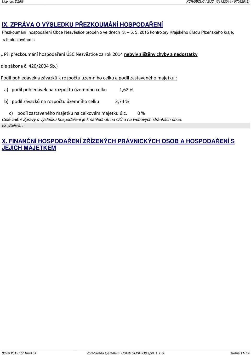 ) Podíl pohledávek a závazků k rozpočtu územního celku a podíl zastaveného majetku : a) podíl pohledávek na rozpočtu územního celku 1,62 % b) podíl závazků na rozpočtu územního celku 3,74 % c) podíl