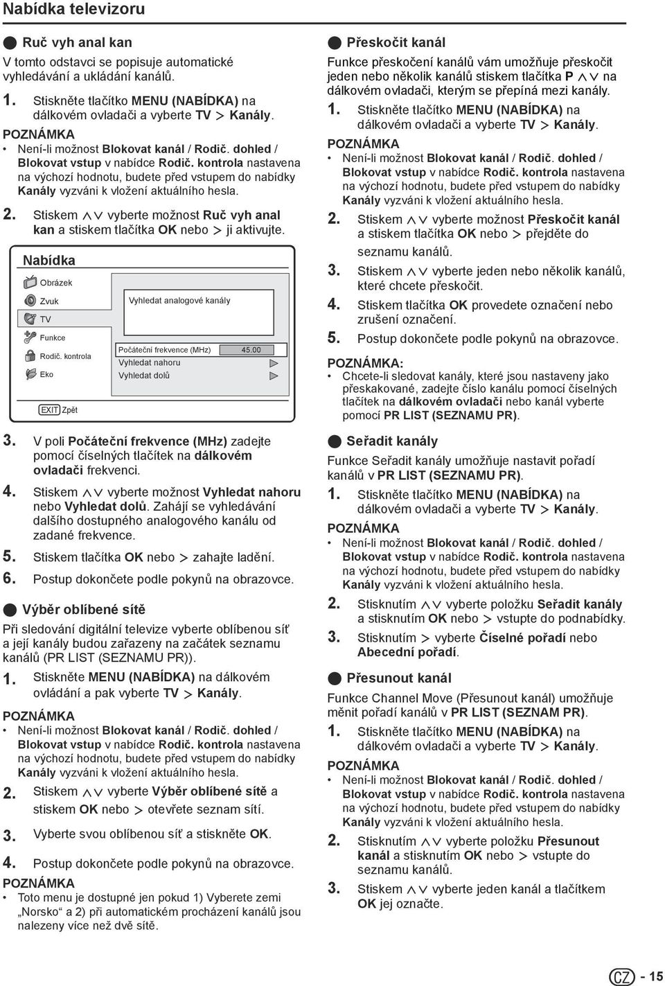 Stiskem <> vyberte možnost Ruč vyh anal kan a stiskem tlačítka OK nebo ji aktivujte. Nabídka Obrázek Zvuk TV Funkce Rodič.