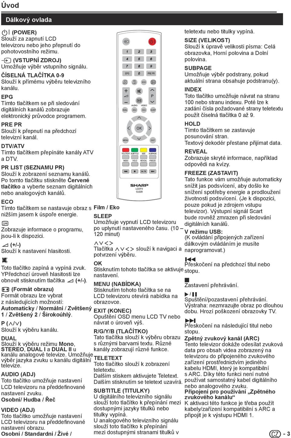 PRE PR Slouží k přepnutí na předchozí televizní kanál. DTV/ATV Tímto tlačítkem přepínáte kanály ATV a DTV. PR LIST (SEZNAMU PR) Slouží k zobrazení seznamu kanálů.