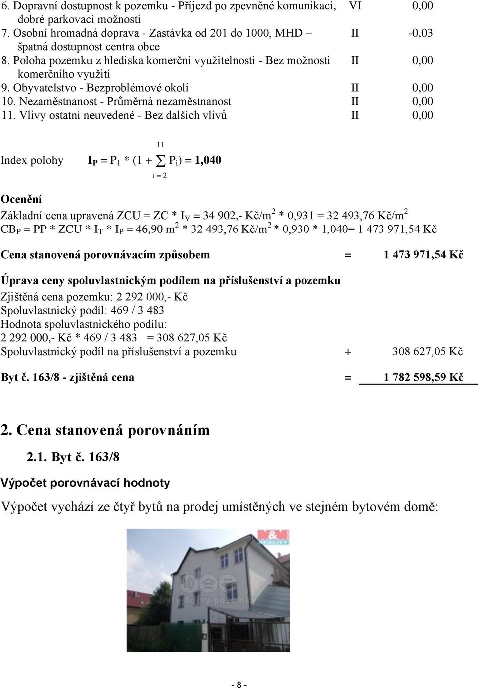 Vlivy ostatní neuvedené - Bez dalších vlivů II 0,00 Index polohy I P = P 1 * (1 + P i) = 1,040 11 i = 2 Ocenění Základní cena upravená ZCU = ZC * I V = 34 902,- Kč/m 2 * 0,931 = 32 493,76 Kč/m 2 CB P