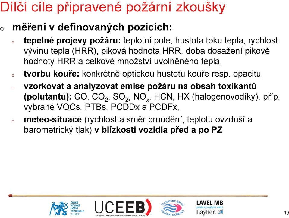 kuře resp. pacitu, vzrkvat a analyzvat emise pžáru na bsah txikantů (plutantů): CO, CO 2, SO 2, NO x, HCN, HX (halgenvdíky), příp.