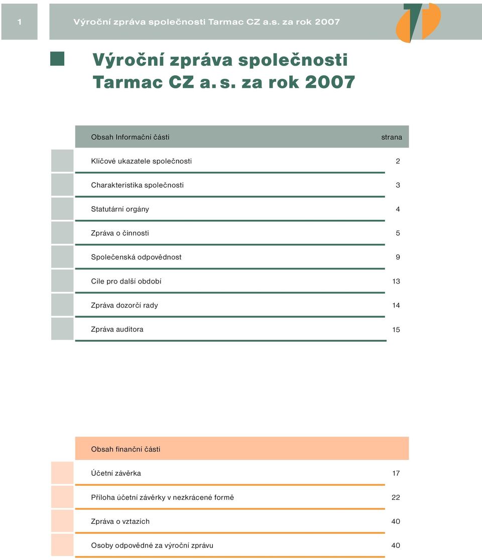 za rok 2007 Obsah Informační části strana Klíčové ukazatele společnosti 2 Charakteristika společnosti 3