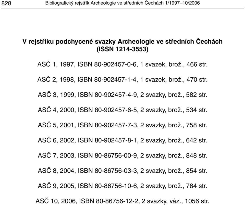 ASČ 4, 2000, ISBN 80-902457-6-5, 2 svazky, brož., 534 str. ASČ 5, 2001, ISBN 80-902457-7-3, 2 svazky, brož., 758 str. ASČ 6, 2002, ISBN 80-902457-8-1, 2 svazky, brož., 642 str.