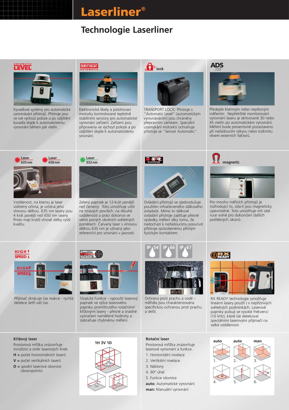 Zařízení jsou připravena ve výchozí poloze a po odjištění dojde k automatickému srovnání. TRANSPORT LOCK: Přístroje s "Automatic Level" (automatickým vyrovnáváním) jsou chráněny přepravním zámkem.