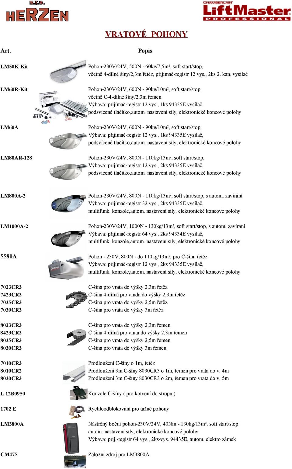 nastavení síly, elektronické koncové polohy LM60A Pohon-230V/24V, 600N - 90kg/10m², soft start/stop, Výbava: přijímač-registr 12 vys., 1ks 94335E vysílač, podsvícené tlačítko,autom.