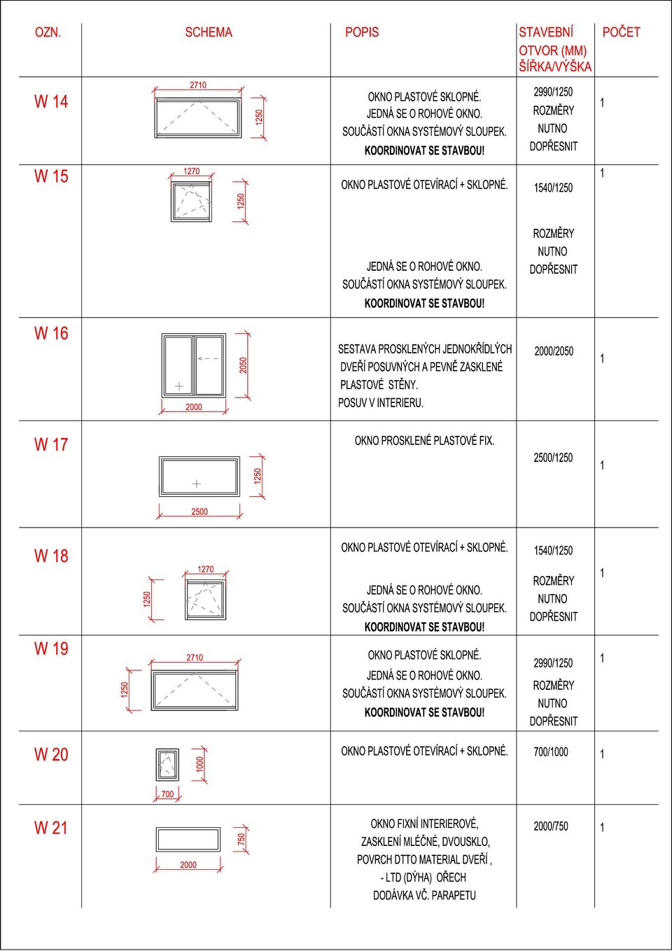 W 6 2050 SESTAVA PROSKLENÝCH JEDNOKŘÍDLÝCH 2000/2050 DVEŘÍ POSUVNÝCH A PEVNĚ ZASKLENÉ PLASTOVÉ STĚNY. 2000 POSUV V INTERIERU. W 7 250 OKNO PROSKLENÉ PLASTOVÉ FIX.