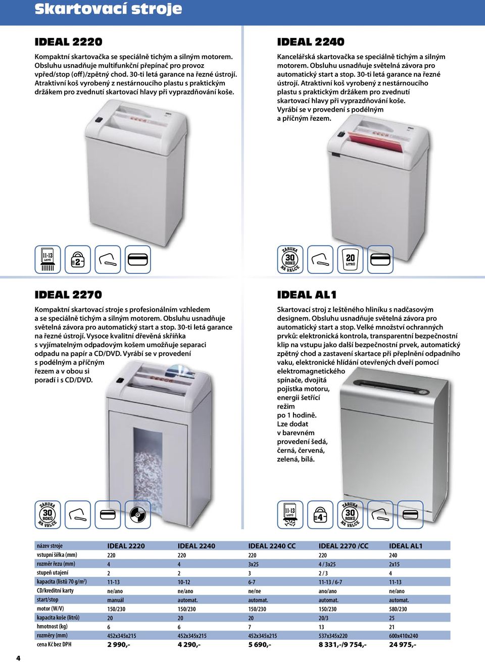 IDEAL 2240 Kancelářská skartovačka se speciálně tichým a silným motorem. Obsluhu usnadňuje světelná závora pro automatický start a stop.  Vyrábí se v provedení s podélným a příčným řezem.