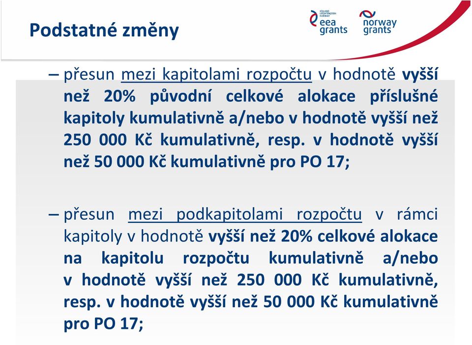 v hodnotě vyšší než 50 000 Kč kumulativně pro PO 17; přesun mezi podkapitolami rozpočtu v rámci kapitoly v hodnotě