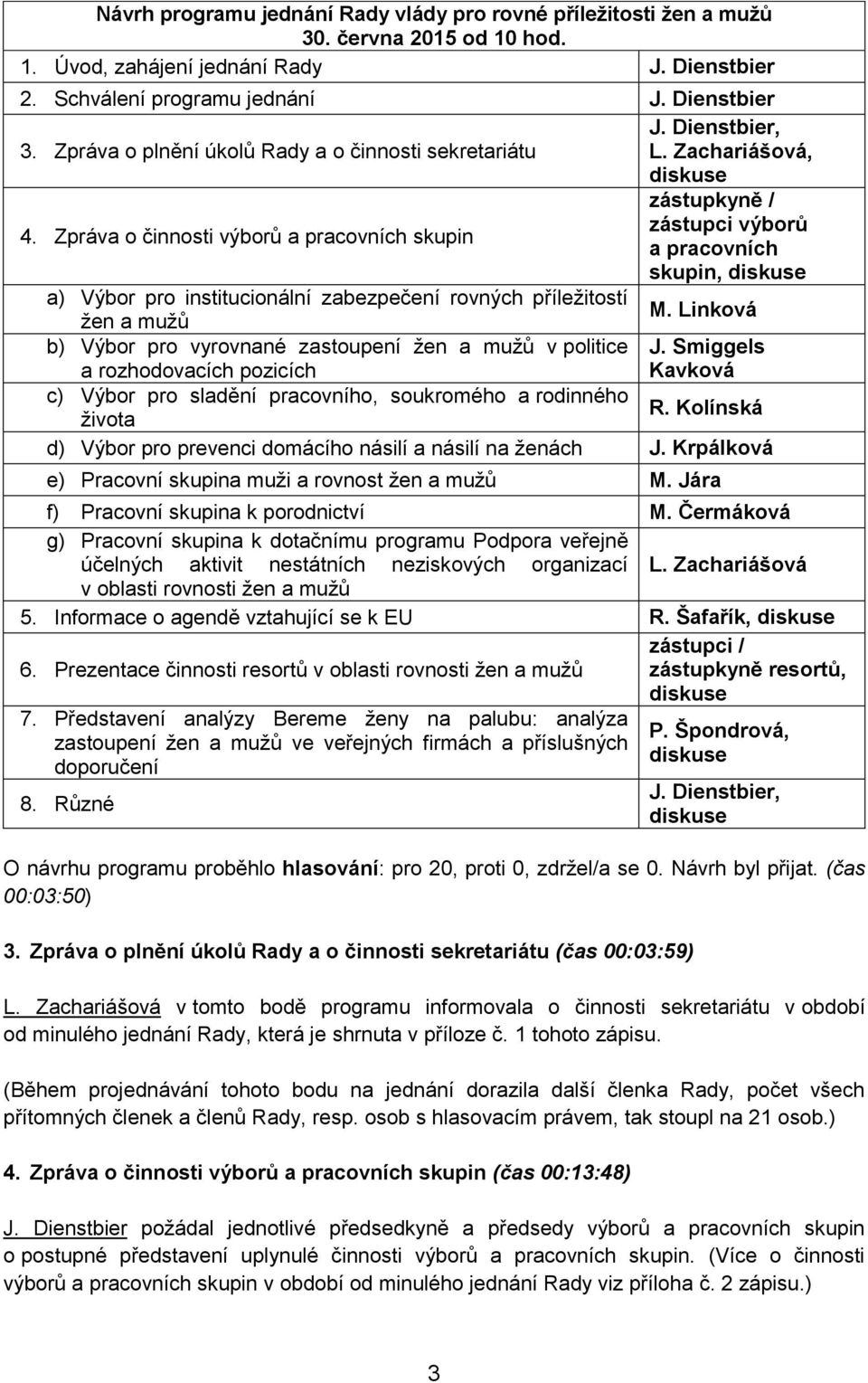 Zpráva o činnosti výborů a pracovních skupin a pracovních skupin, a) Výbor pro institucionální zabezpečení rovných příležitostí M.