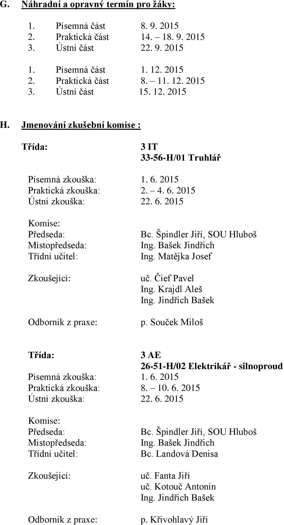 Bašek Jindřich Ing. Matějka Josef uč. Čief Pavel Ing. Krajdl Aleš Ing. Jindřich Bašek p. Souček Miloš 3 AE 26-51-H/02 Elektrikář - silnoproud Praktická zkouška: 8.