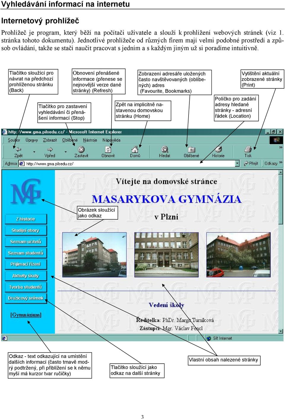 Tlačítko sloužící pro návrat na předchozí prohlíženou stránku (Back) Tlačítko pro zastavení vyhledávání či přenášení informací (Stop) Obnovení přenášené informace (přenese se nejnovější verze dané