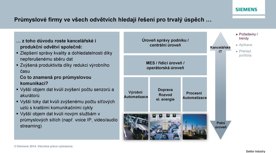 Vyšší objem dat kvůli zvýšení počtu senzorů a akurátorů Vyšší toky dat kvůli zvýšenému počtu síťových uzlů s kratšími komunikačními cykly Vyšší objem dat kvůli novým službám v průmyslových