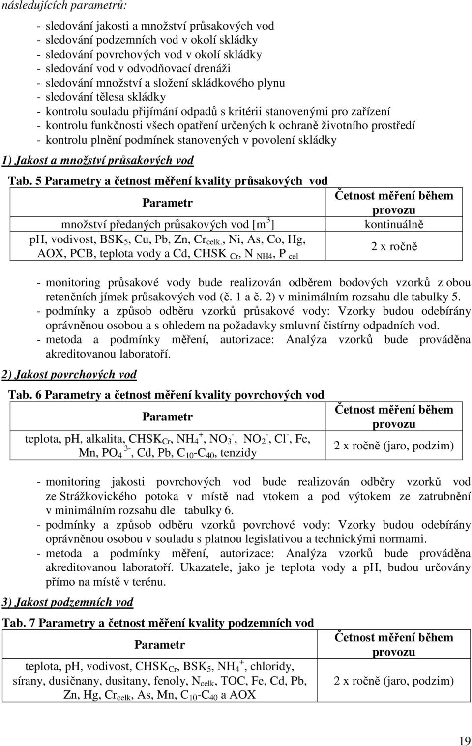 ochraně životního prostředí - kontrolu plnění podmínek stanovených v povolení skládky 1) Jakost a množství průsakových vod Tab.