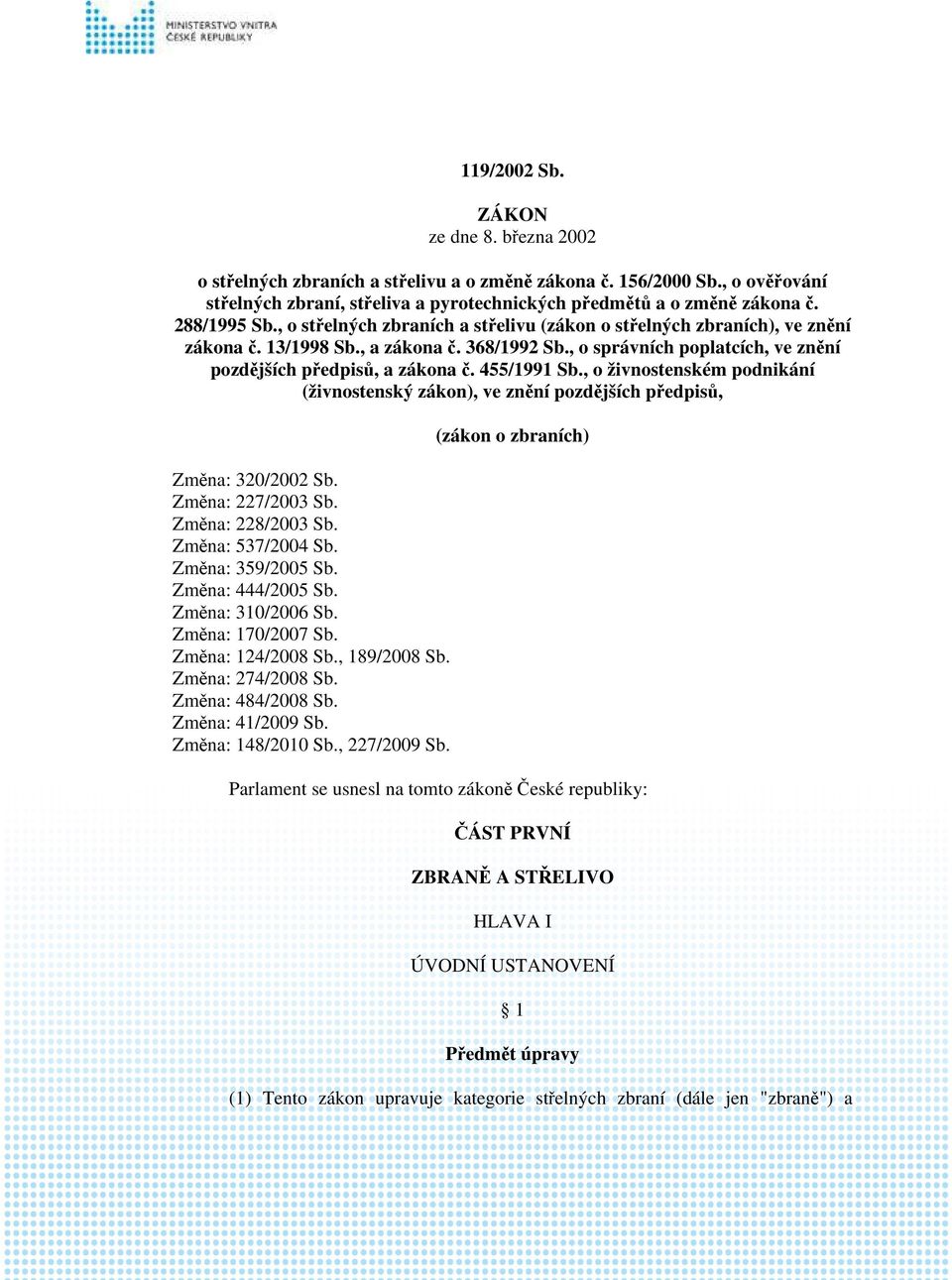 455/1991 Sb., o živnostenském podnikání (živnostenský zákon), ve znění pozdějších předpisů, Změna: 320/2002 Sb. Změna: 227/2003 Sb. Změna: 228/2003 Sb. Změna: 537/2004 Sb. Změna: 359/2005 Sb.