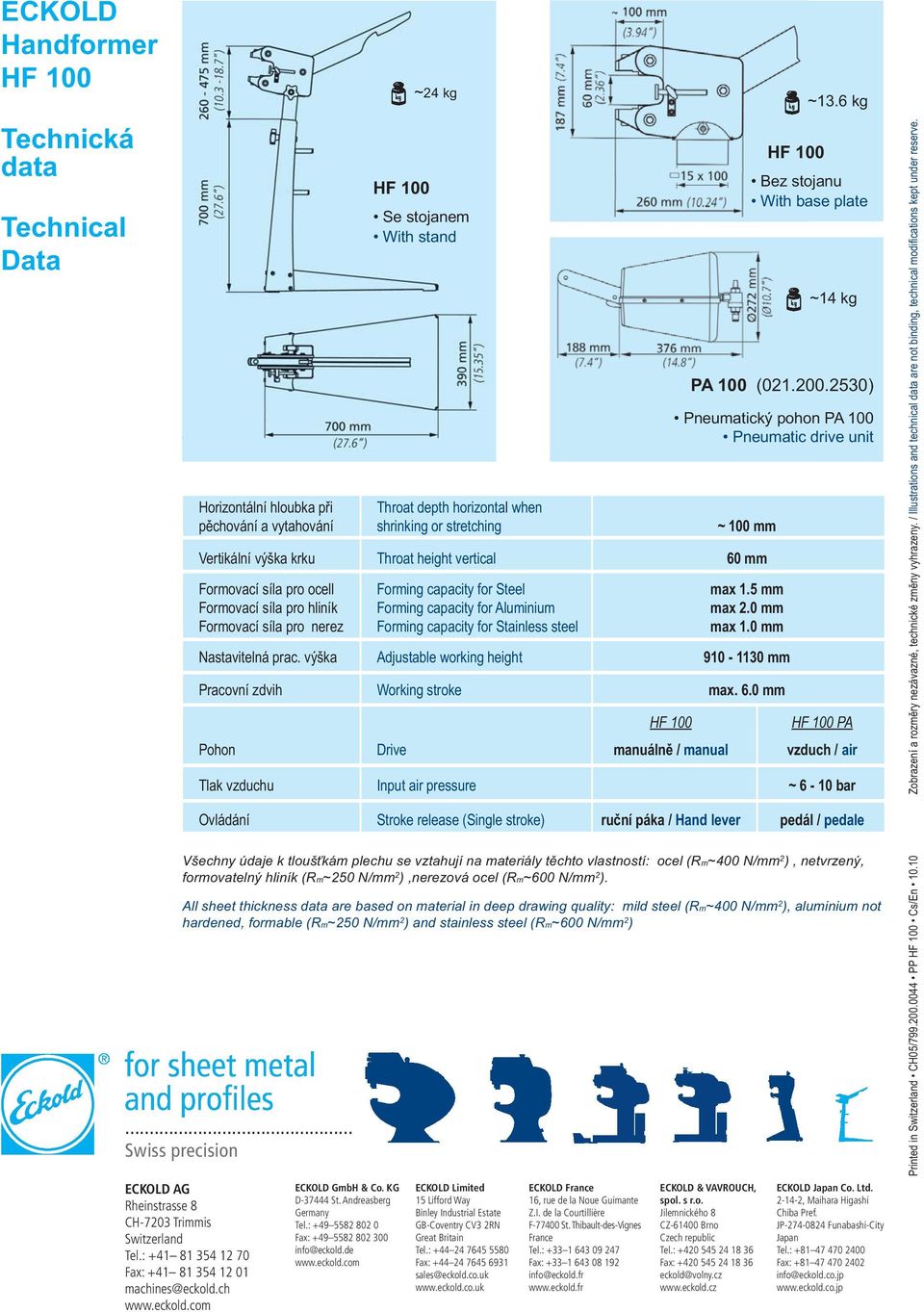 0 mm Formovací síla pro nerez Forming capacity for Stainless steel max 1.0 mm Nastavitelná prac. výška Adjustable working height 910-1130 mm Pracovní zdvih Working stroke max. 6.