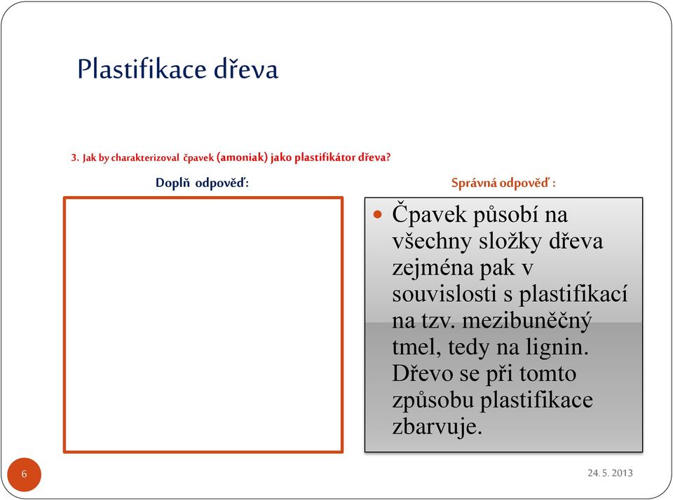 Čpavek působí na všechny složky dřeva zejména pak v souvislosti