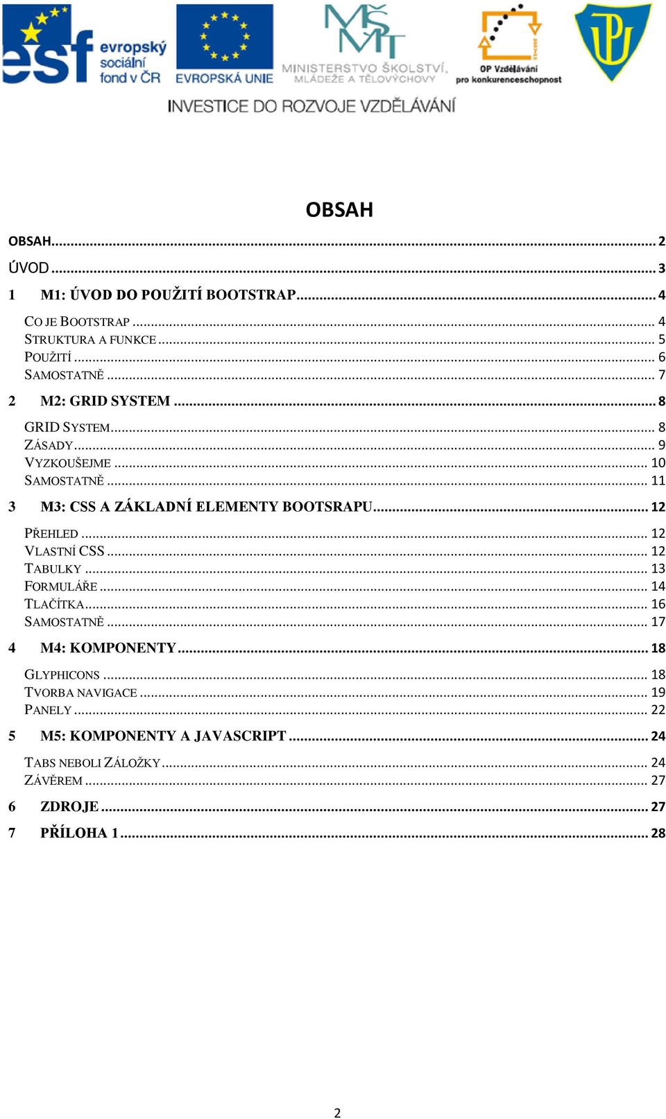 .. 12 PŘEHLED... 12 VLASTNÍ CSS... 12 TABULKY... 13 FORMULÁŘE... 14 TLAČÍTKA... 16 SAMOSTATNĚ... 17 4 M4: KOMPONENTY... 18 GLYPHICONS.