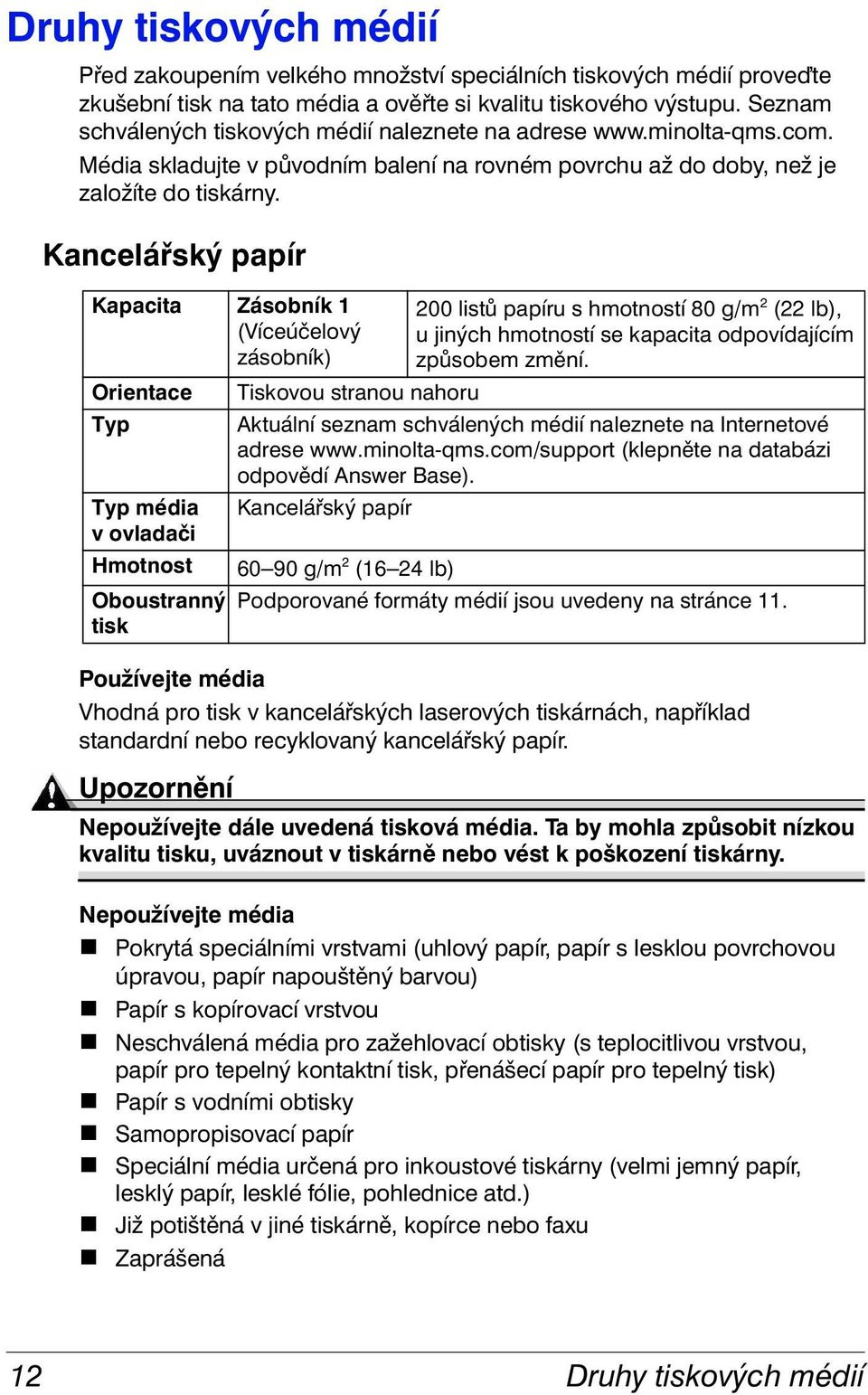 Kancelářský papír Kapacita Zásobník 1 (Víceúčelový zásobník) Orientace Tiskovou stranou nahoru 200 listů papíru s hmotností 80 g/m 2 (22 lb), u jiných hmotností se kapacita odpovídajícím způsobem