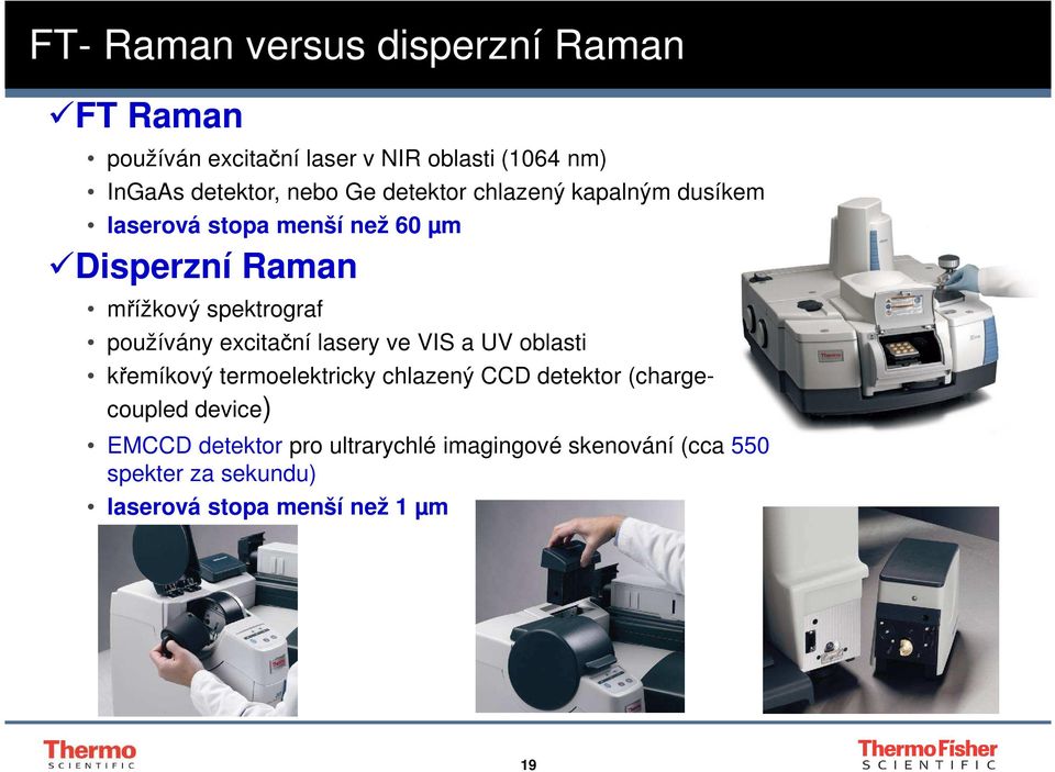 používány excitační lasery ve VIS a UV oblasti křemíkový termoelektricky chlazený CCD detektor (chargecoupled