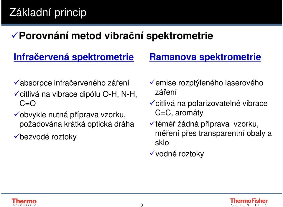 požadována krátká optická dráha bezvodé roztoky emise rozptýleného laserového záření citlivá na