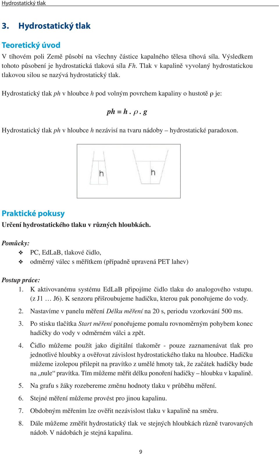 je: ph = h. ρ. g Hydrostatický tlak ph v hloubce h nezávisí na tvaru nádoby hydrostatické paradoxon. Praktické pokusy Určení hydrostatického tlaku v různých hloubkách.