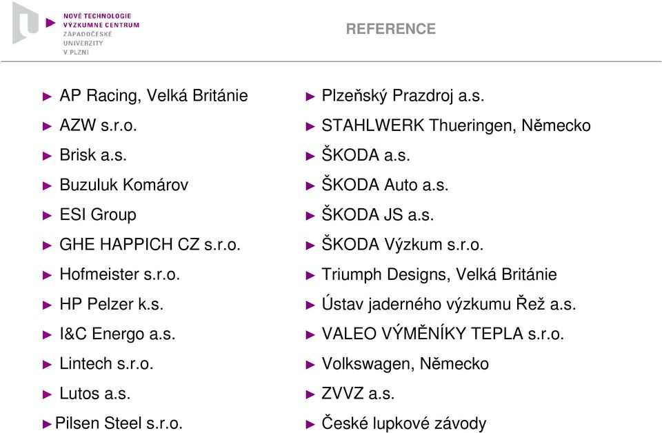 s. ŠKODA Auto a.s. ŠKODA JS a.s. ŠKODA Výzkum s.r.o. Triumph Designs, Velká Británie Ústav jaderného výzkumu Řež a.