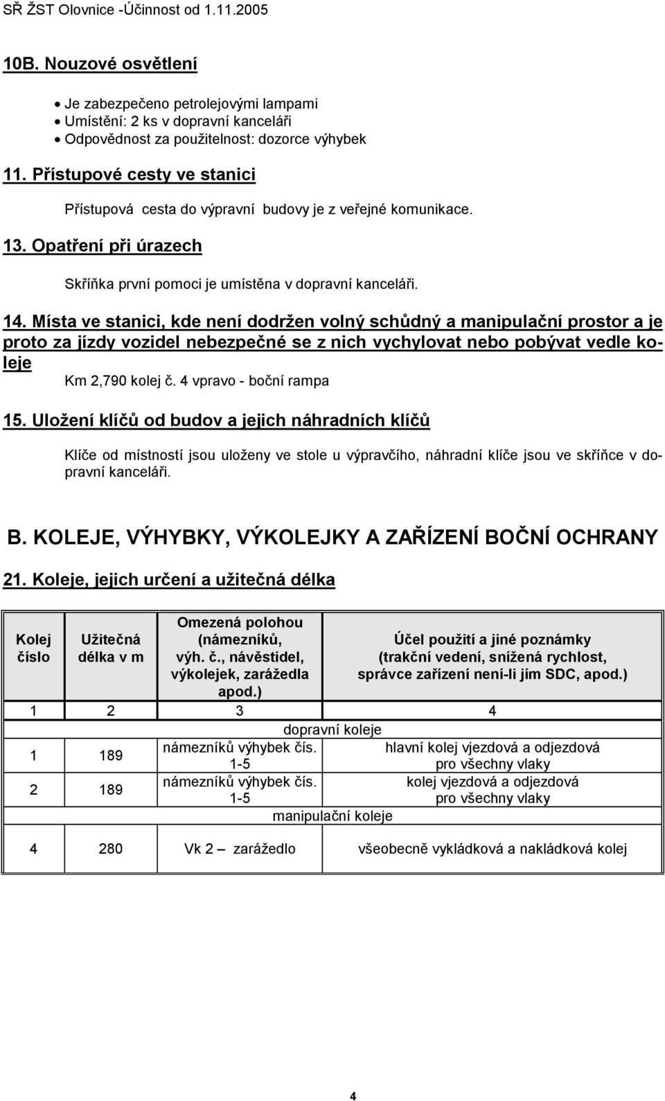 Místa ve stanici, kde není dodržen volný schůdný a manipulační prostor a je proto za jízdy vozidel nebezpečné se z nich vychylovat nebo pobývat vedle koleje Km 2,790 kolej č.