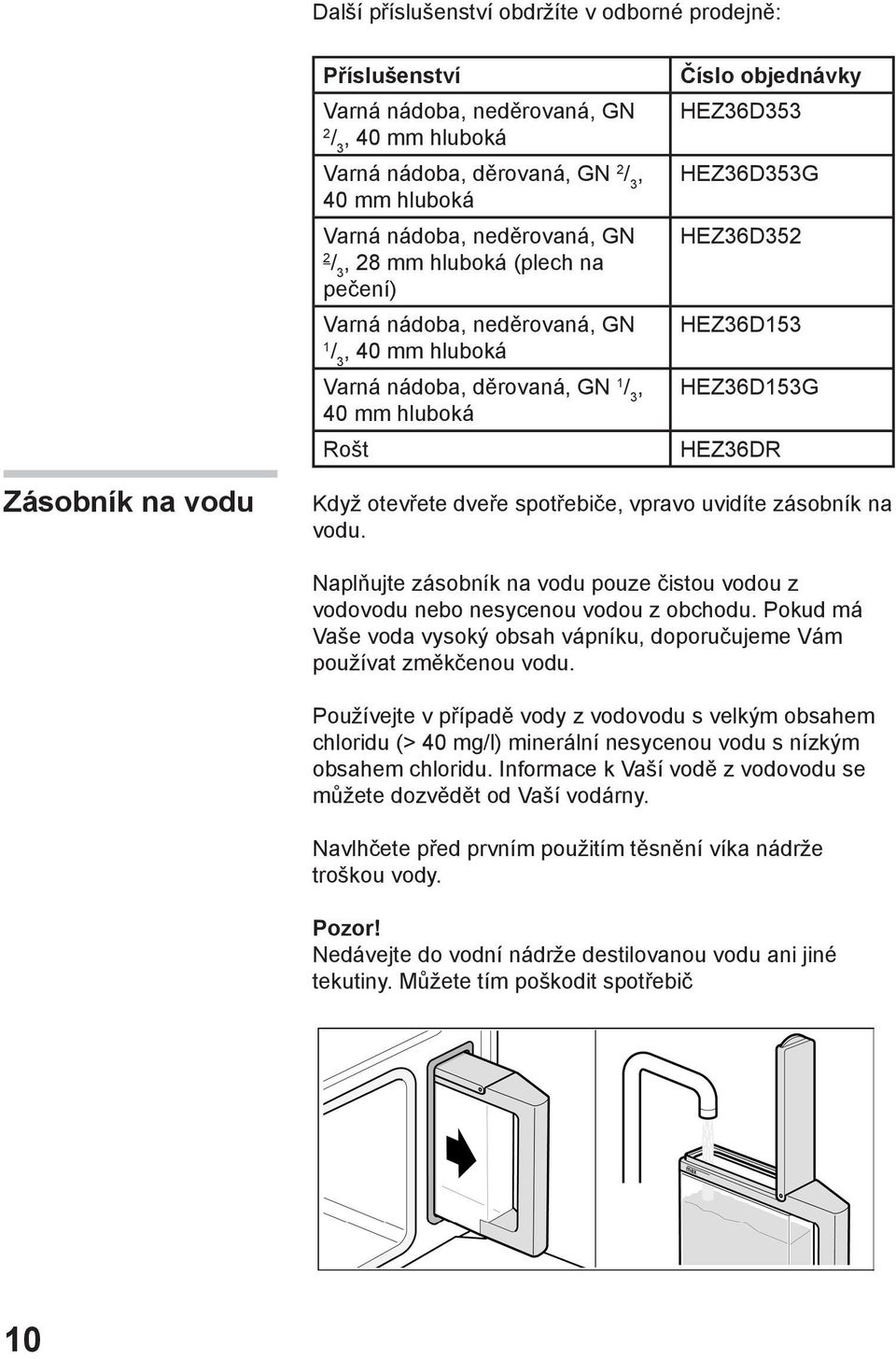 HEZ36D153G HEZ36DR Zásobník na vodu Když otevřete dveře spotřebiče, vpravo uvidíte zásobník na vodu. Naplňujte zásobník na vodu pouze čistou vodou z vodovodu nebo nesycenou vodou z obchodu.