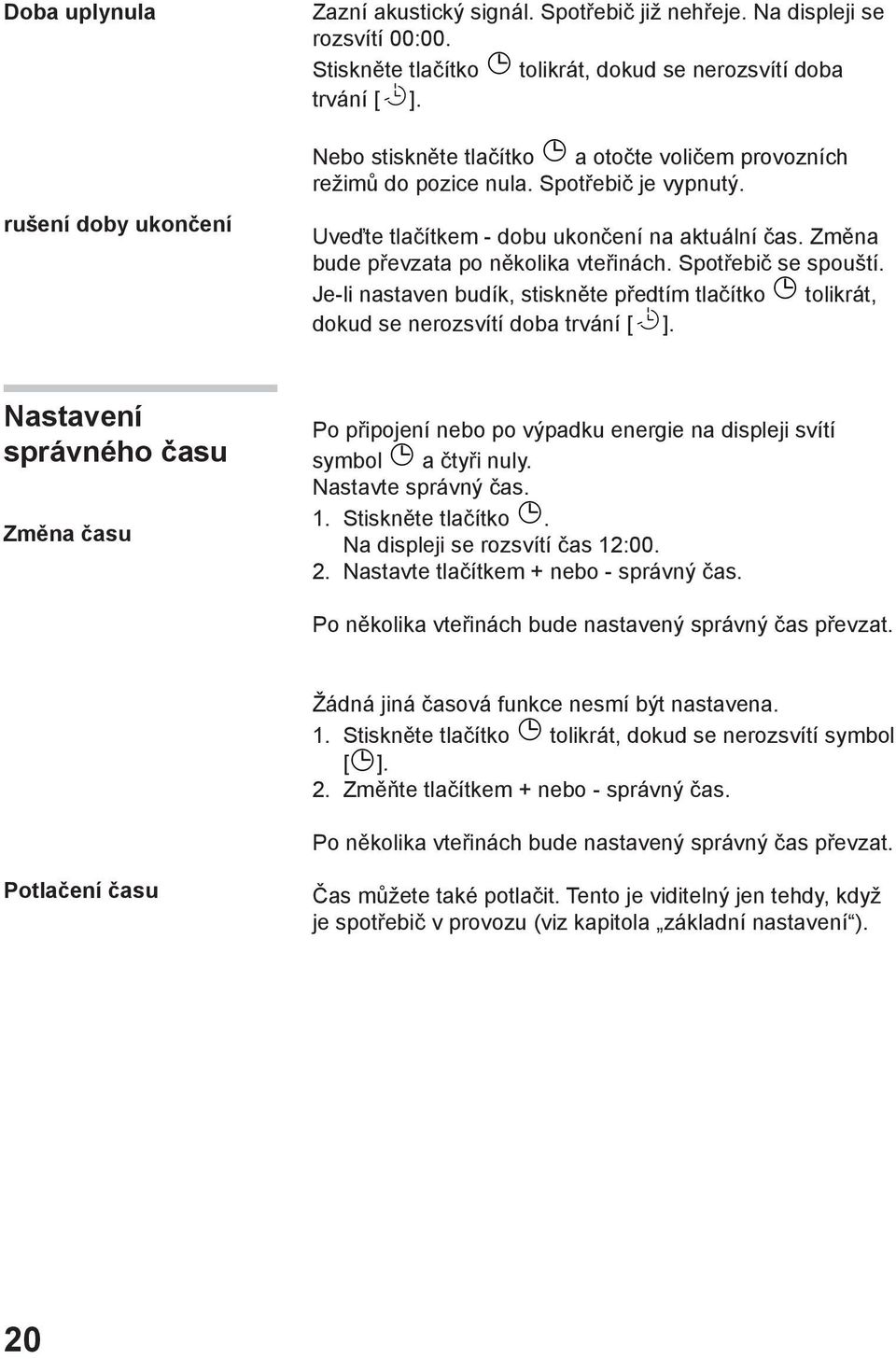 Změna bude převzata po několika vteřinách. Spotřebič se spouští. Je-li nastaven budík, stiskněte předtím tlačítko tolikrát, dokud se nerozsvítí doba trvání [ ].