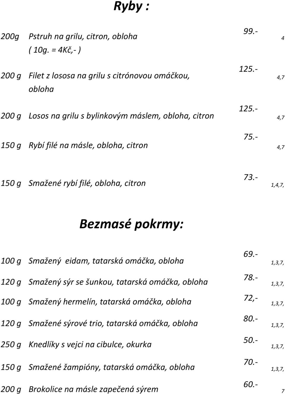 150 g Smažené rybí filé, obloha, citron 1,4,, Bezmasé pokrmy: 100 g Smažený eidam, tatarská omáčka, obloha 120 g Smažený sýr se šunkou, tatarská omáčka, obloha 100 g Smažený