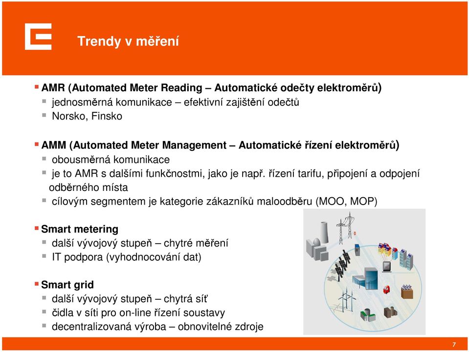 řízení tarifu, připojení a odpojení odběrného místa cílovým segmentem je kategorie zákazníků maloodběru (MOO, MOP) Smart metering další vývojový