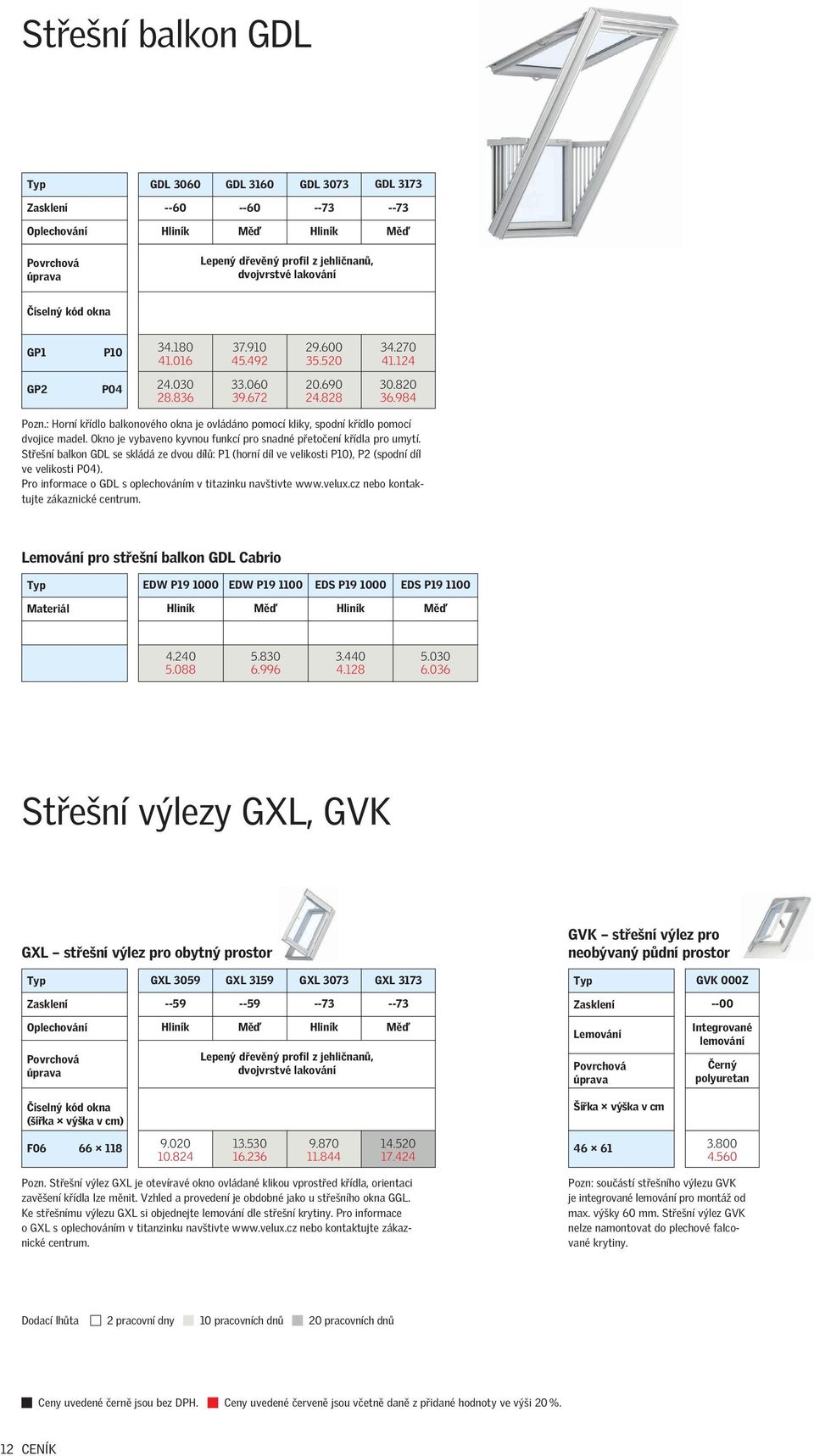 Okno je vybaveno kyvnou funkcí pro snadné přetočení křídla pro umytí. Střešní balkon GDL se skládá ze dvou dílů: P1 (horní díl ve velikosti P10), P2 (spodní díl ve velikosti P04).